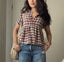 Check Lapel Puff Shirt Top