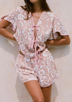 Abstract print lace-up short-sleeved shorts suit