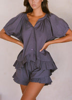 Solid color ruffled loose short sleeve shorts suit