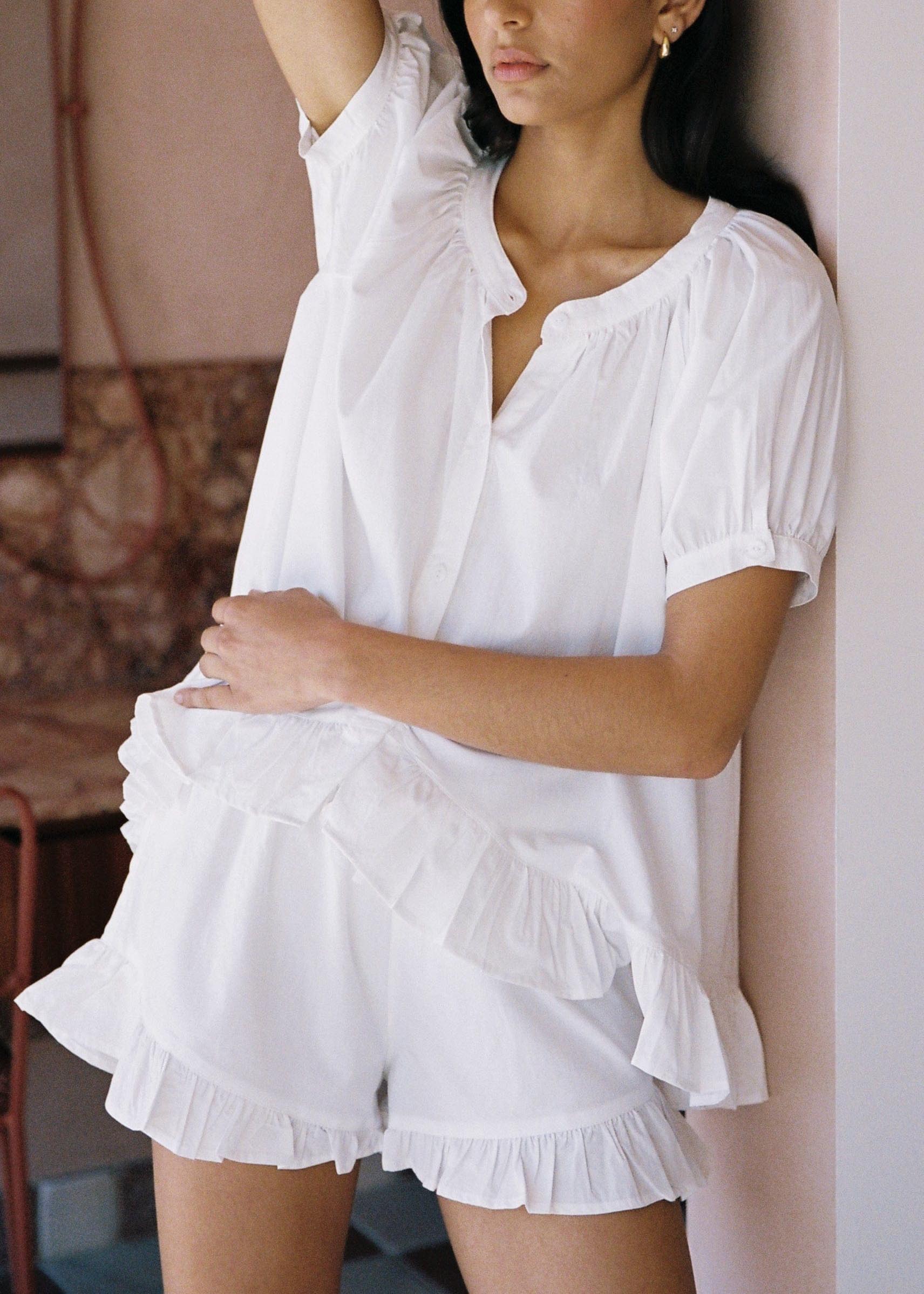 Solid color ruffled loose short sleeve shorts suit