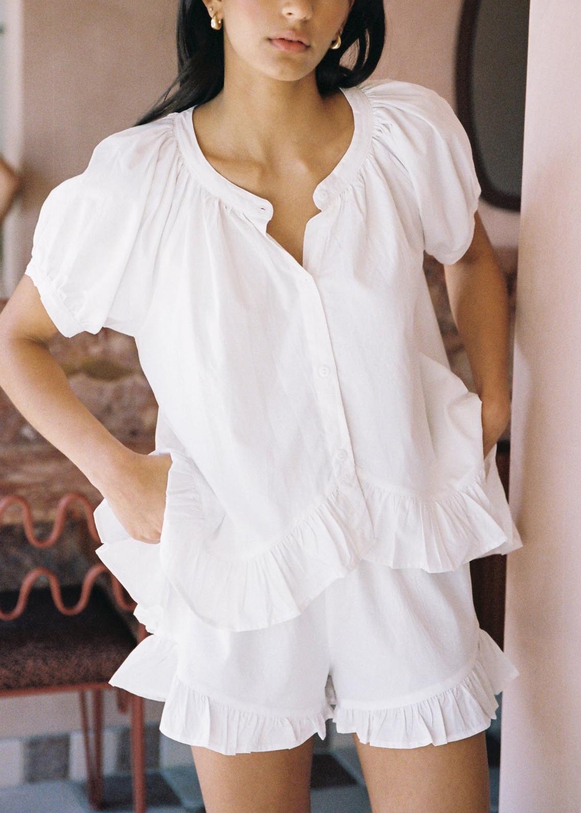 Solid color ruffled loose short sleeve shorts suit