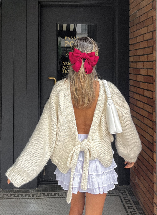 Cream Tie Up Knit Cardigan Hover Image