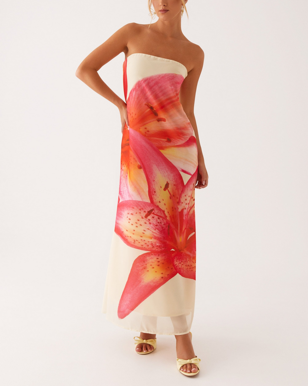 Yellow Flower Print Tube Top Maxi Dress