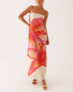 Yellow Flower Print Tube Top Maxi Dress