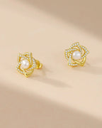 14k Gold Flower Pearl Earrings