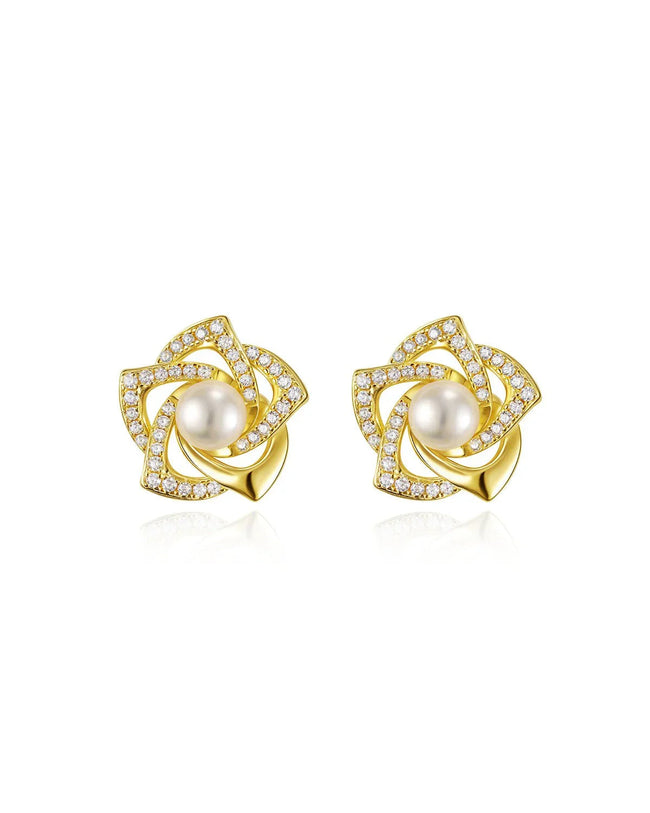 14k Gold Flower Pearl Earrings Hover Image