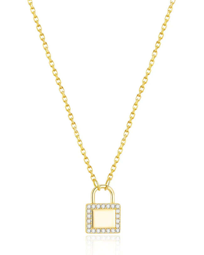 14k Gold Lock Pendant Necklace Hover Image