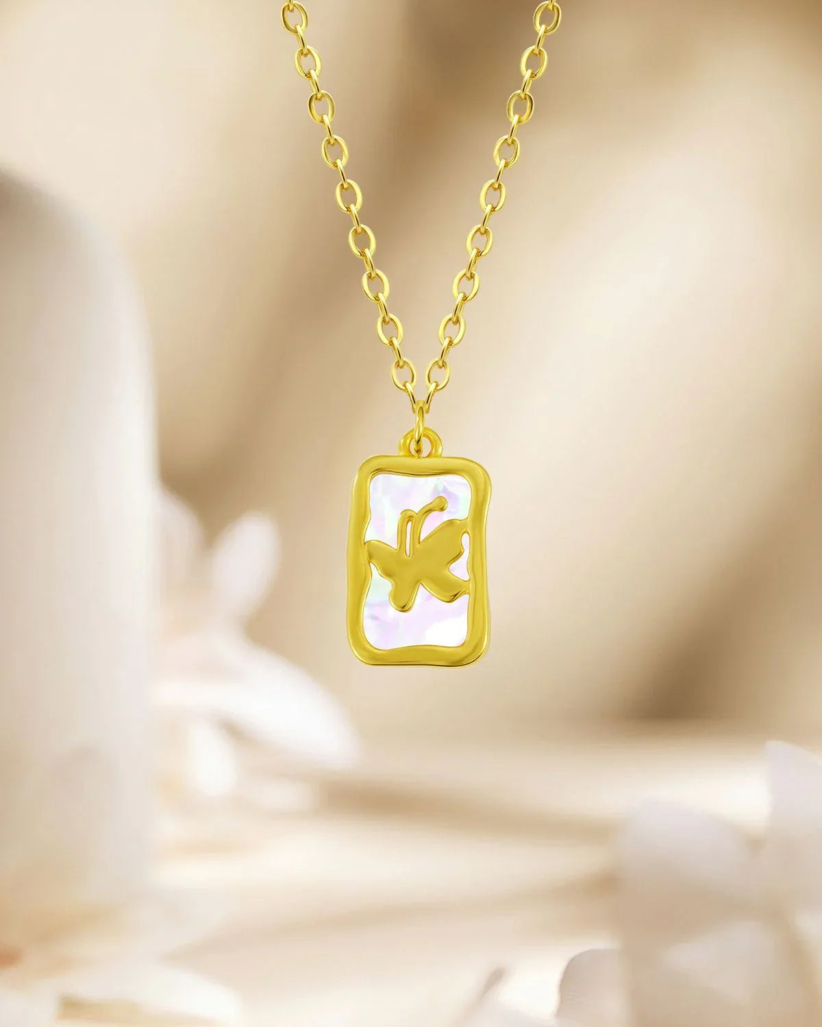 14k Gold Plated Butterfly Necklace with Mother of Pearl Charm