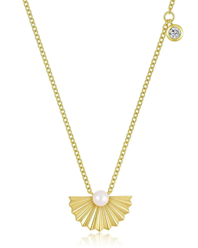 14K Gold Sterling Silver Shell Pearl Pendant Necklace Hover Image