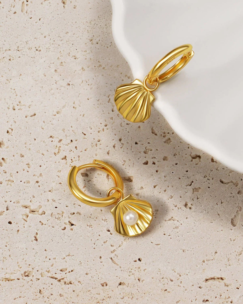 14K Gold Sterling Silver Shell Pearl Dangle Earrings