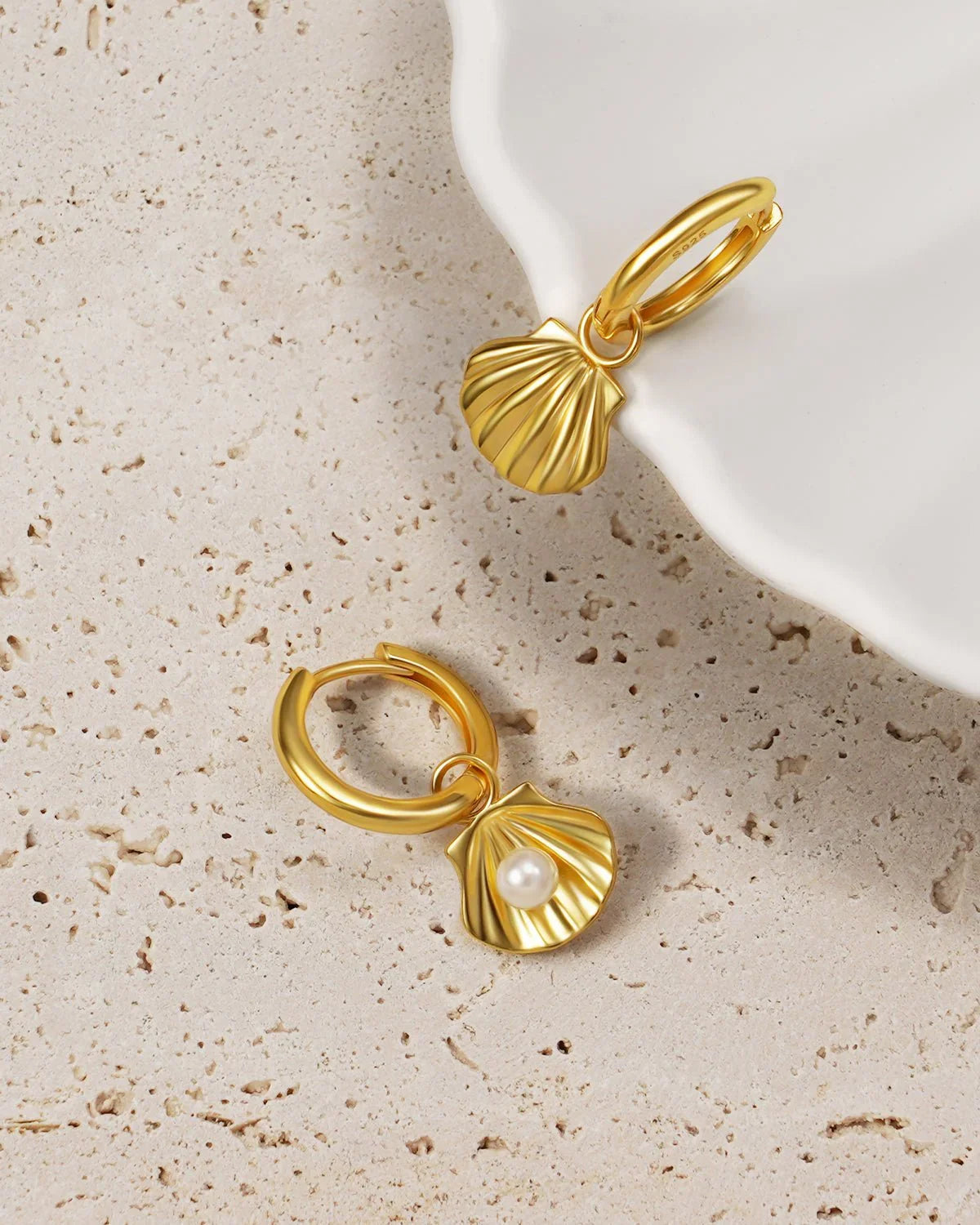 14K Gold Sterling Silver Shell Pearl Dangle Earrings