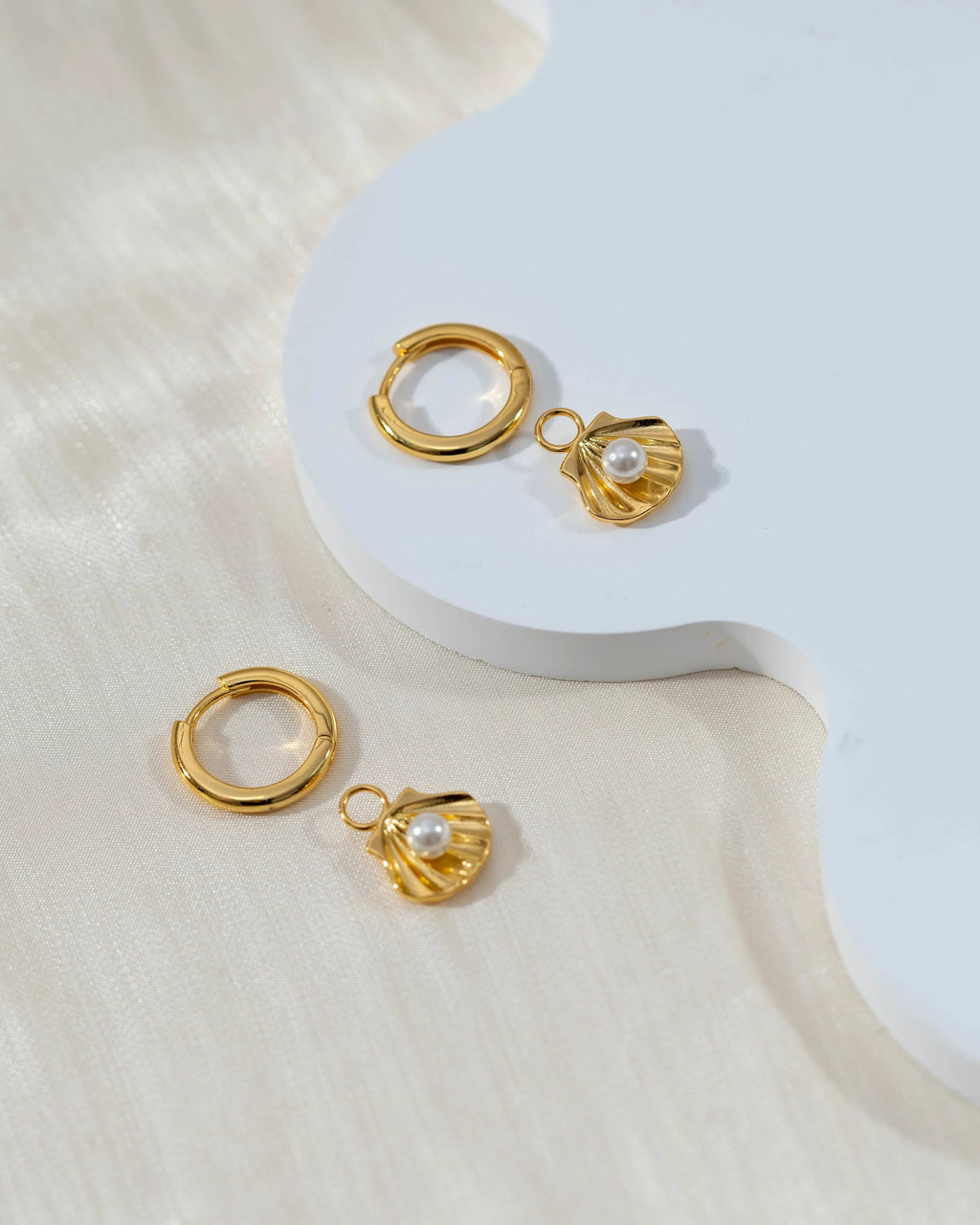 14K Gold Sterling Silver Shell Pearl Dangle Earrings