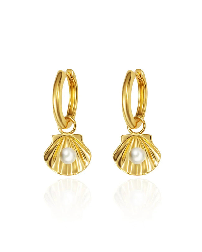 14K Gold Sterling Silver Shell Pearl Dangle Earrings Hover Image