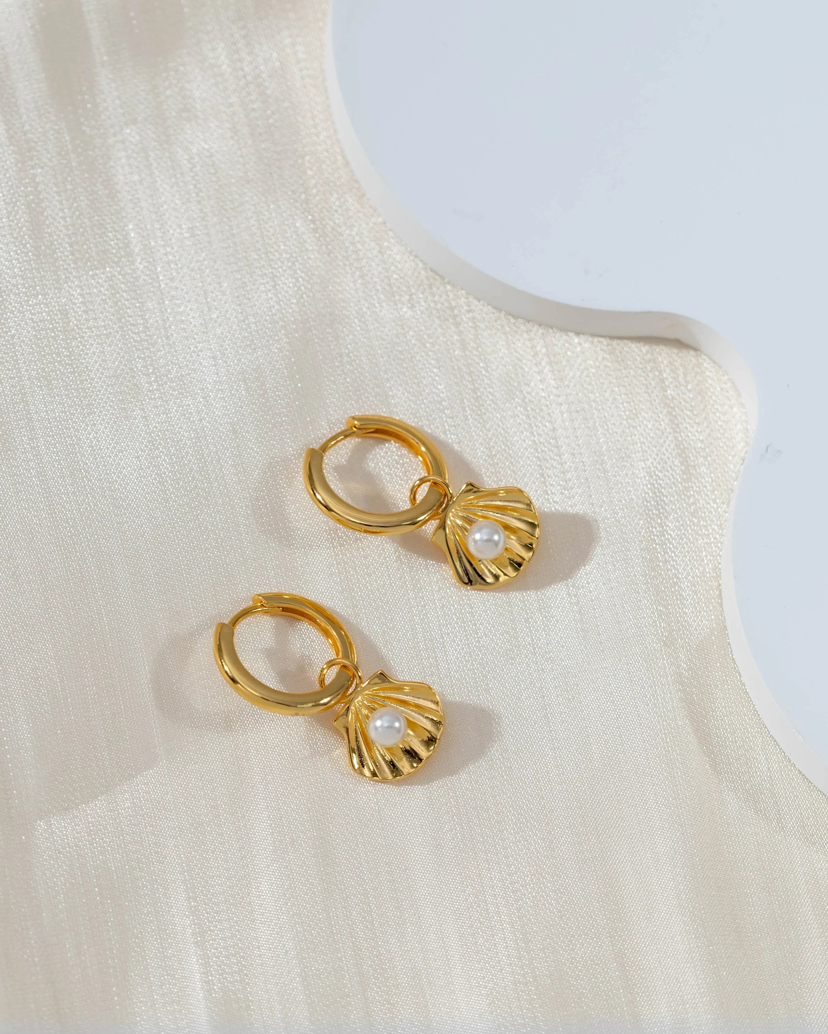 14K Gold Sterling Silver Shell Pearl Dangle Earrings