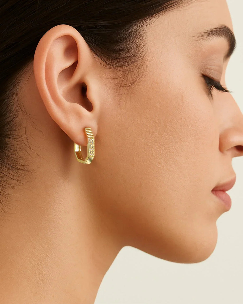 14k Sterling Silver Hexagon Huggie Earrings