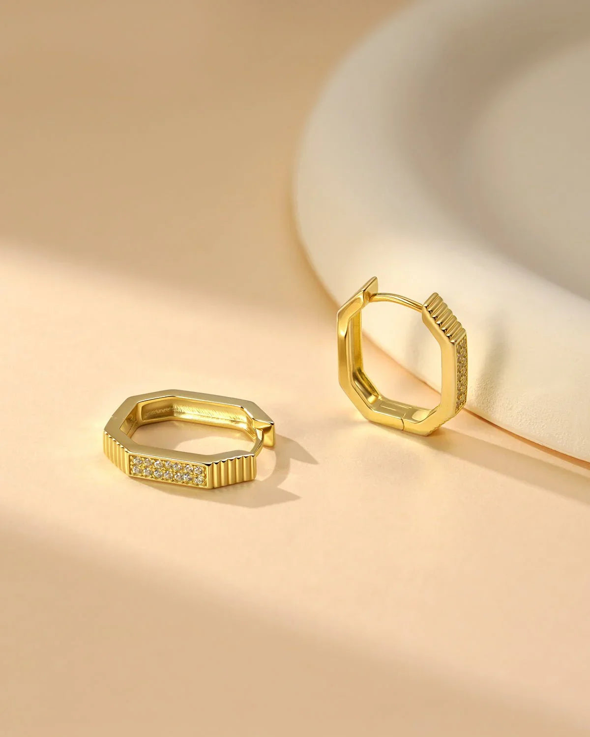 14k Sterling Silver Hexagon Huggie Earrings