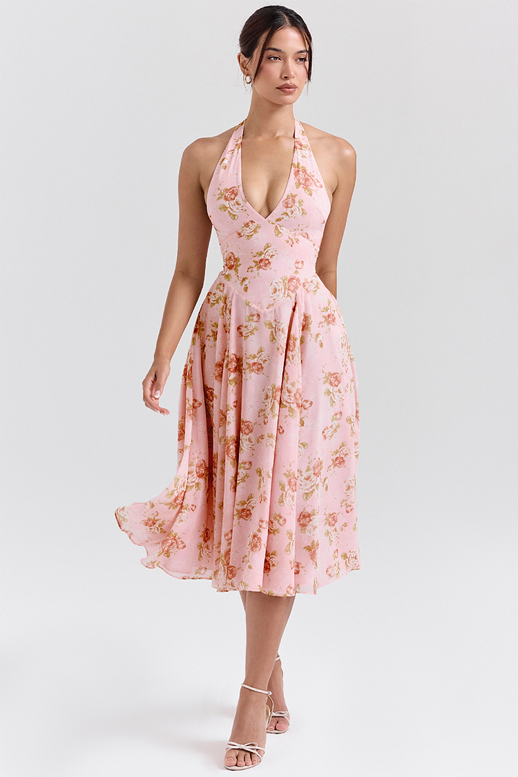 Deep V Neck Floral Print Cinch Waist Halter Midi Dresses