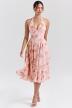 Deep V Neck Floral Print Cinch Waist Halter Midi Dresses