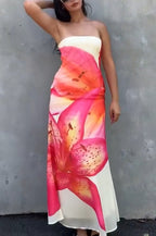 Yellow Flower Print Tube Top Maxi Dress