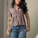 Check Lapel Puff Shirt Top