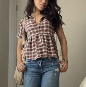 Check Lapel Puff Shirt Top Main Image