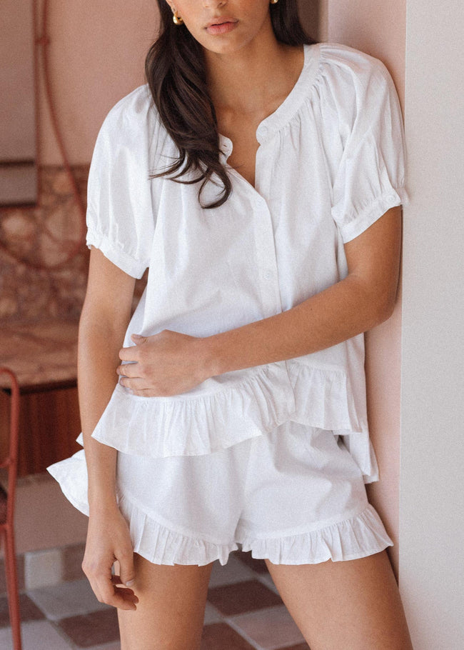 Solid color ruffled loose short sleeve shorts suit Hover Image
