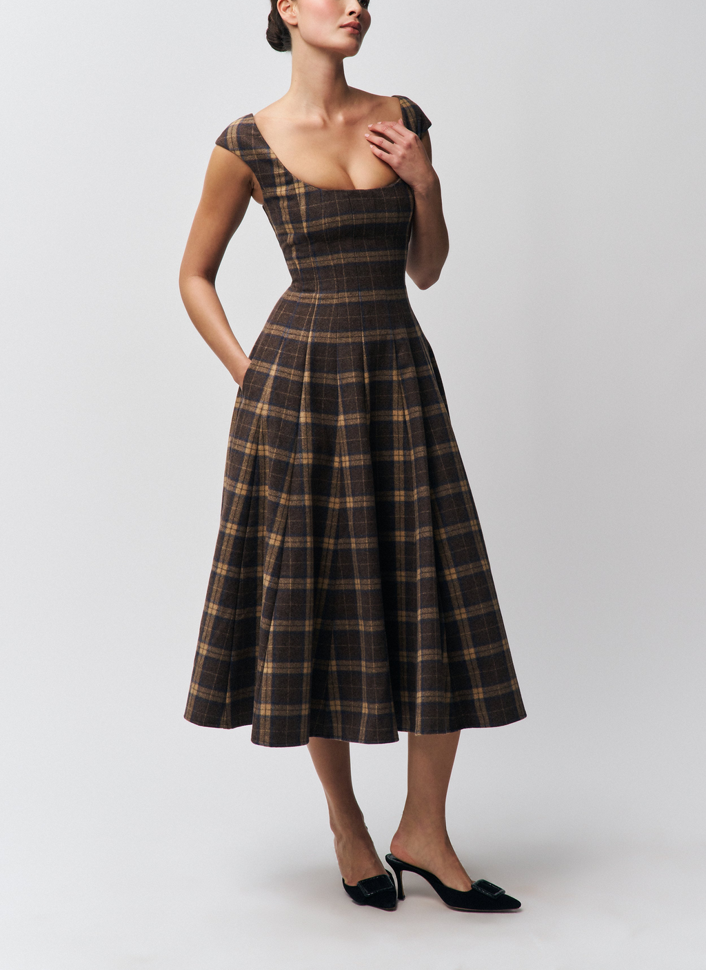 Wide Shoulder Strap Square Neck Plaid Dress