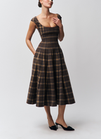 Wide Shoulder Strap Square Neck Plaid Dress
