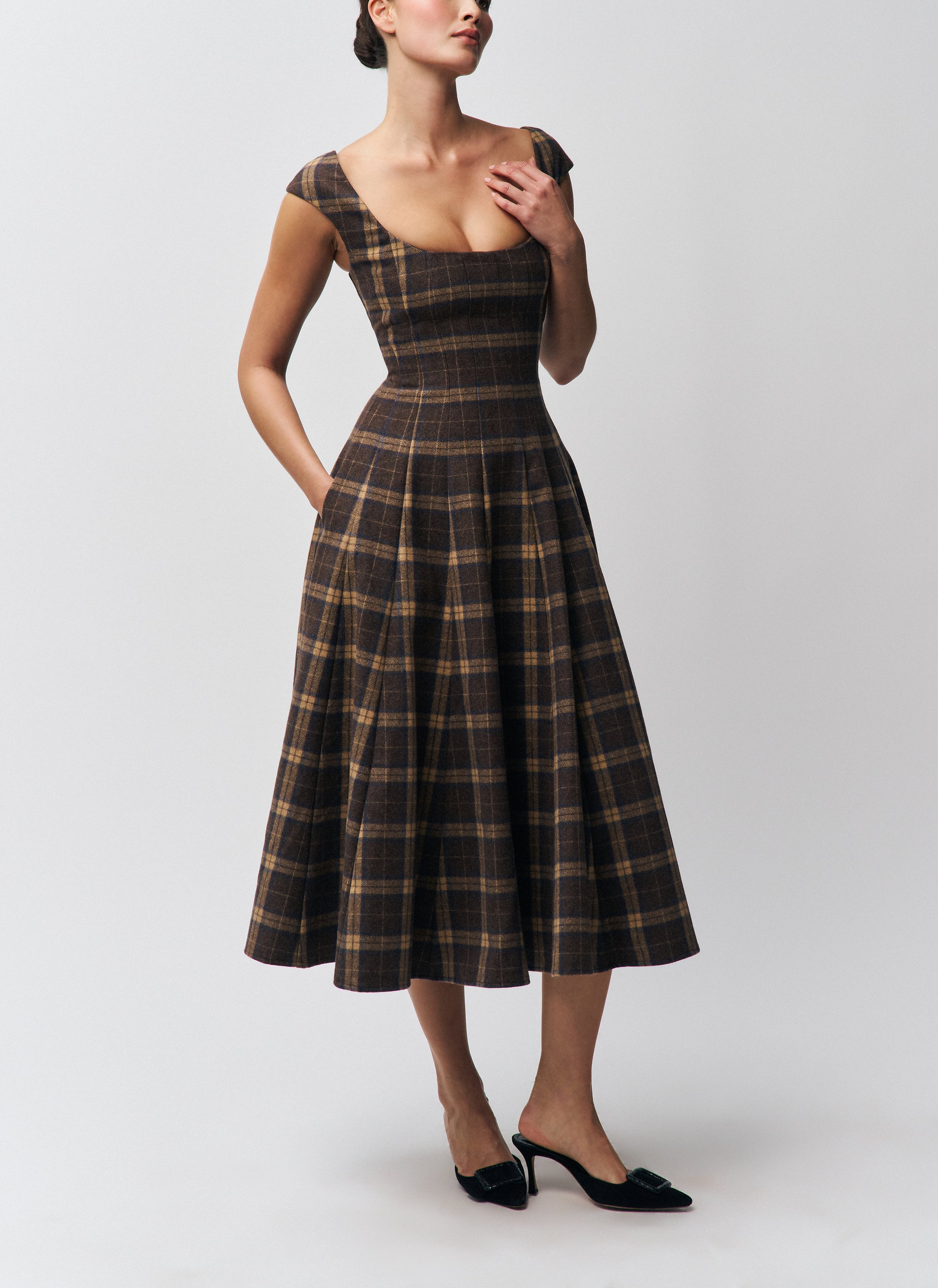 Wide Shoulder Strap Square Neck Plaid Dress