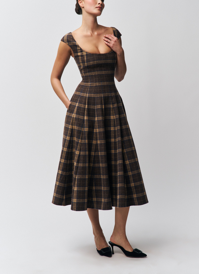 Wide Shoulder Strap Square Neck Plaid Dress Hover Image