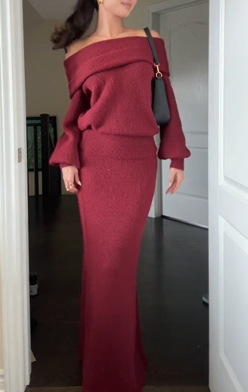 Off-the-shoulder Knitted Long-sleeved Top And Long Skirt Set Hover Image