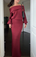 Off-the-shoulder Knitted Long-sleeved Top And Long Skirt Set