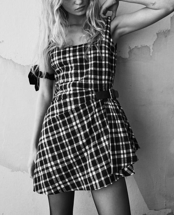 Black Check Side Pleated Dress Main Image