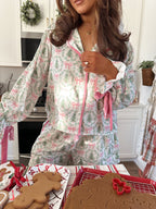 Christmas Tree Print Long Sleeve Shorts Pajama Set