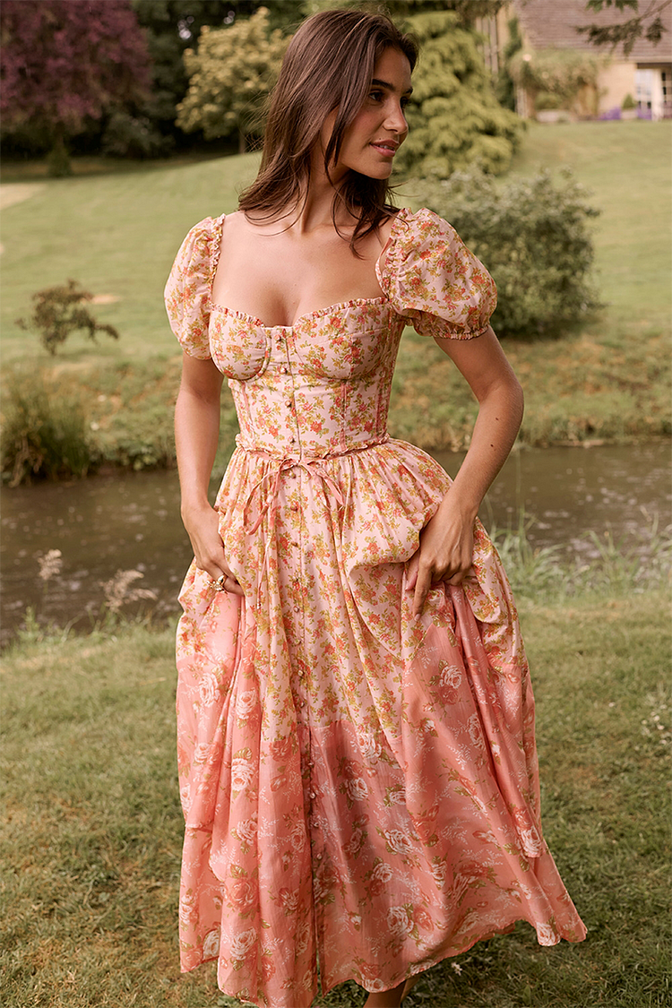 Floral Print Puff Sleeve Cinch Waist Colorblock Midi Dresses