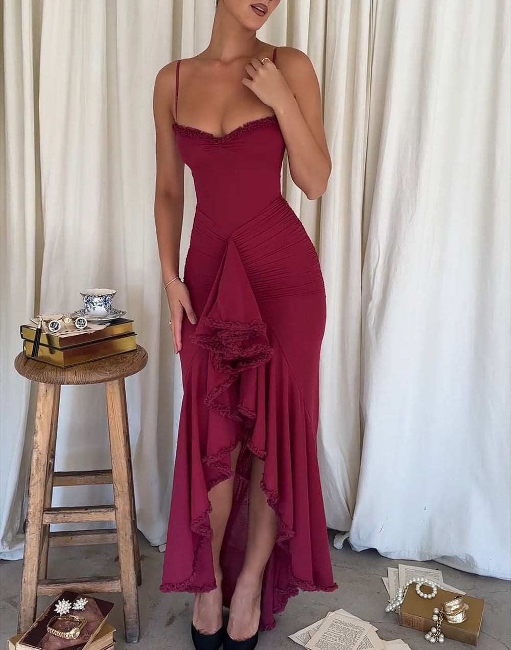 Wine Ruffled Front Gown
