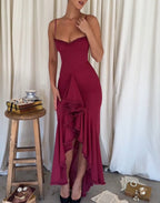 Wine Ruffled Front Gown