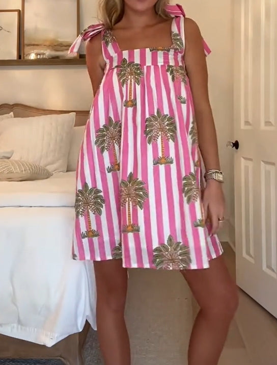 Coconut Tree Print Shoulder Tie Dress Hover Image