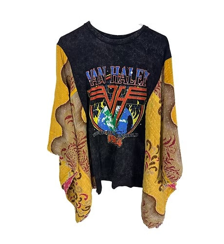 Globe Letter Print Patchwork Long Sleeve Loose Crew Neck T-shirt Hover Image