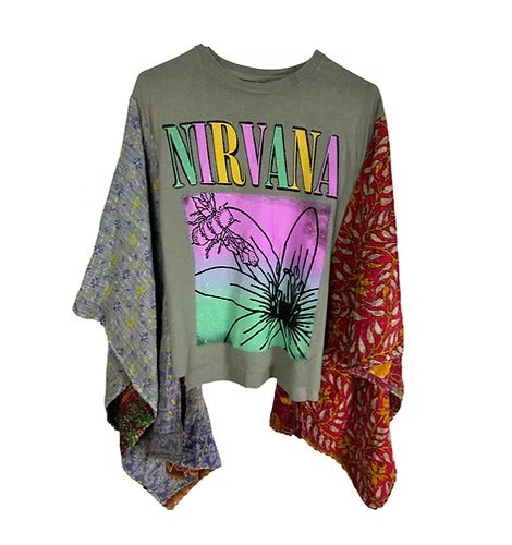 Floral Monogram Print Patchwork Long Sleeve Loose Crew Neck T-shirt