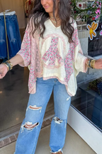 Floral Logo Print Patchwork Long Sleeve Loose Crew Neck T-shirt