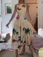 Embroidered Printed Sleeveless Drop Waist Dress