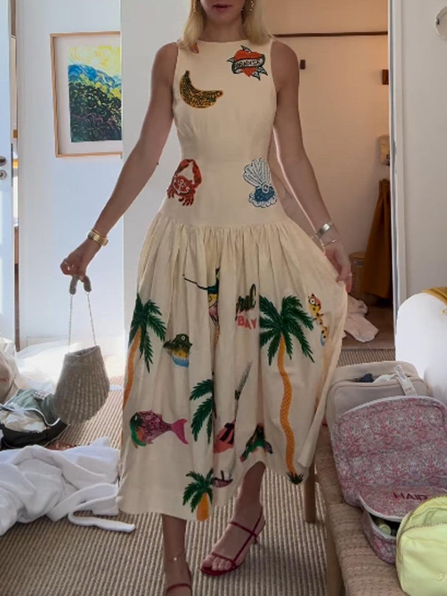 Embroidered Printed Sleeveless Drop Waist Dress Hover Image