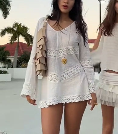 V-neck Hollow Print Flared Long Sleeve Dress Hover Image