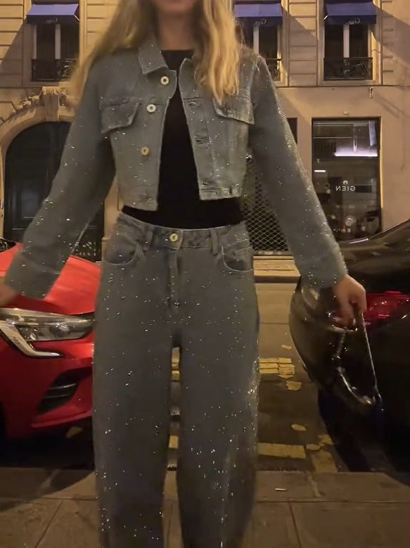 Super Sparkly Denim Long Sleeve Trousers Set