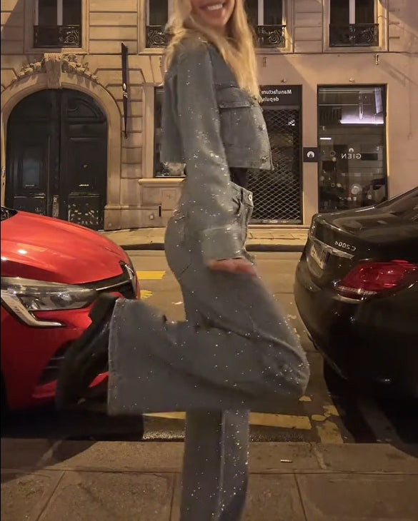 Super Sparkly Denim Long Sleeve Trousers Set