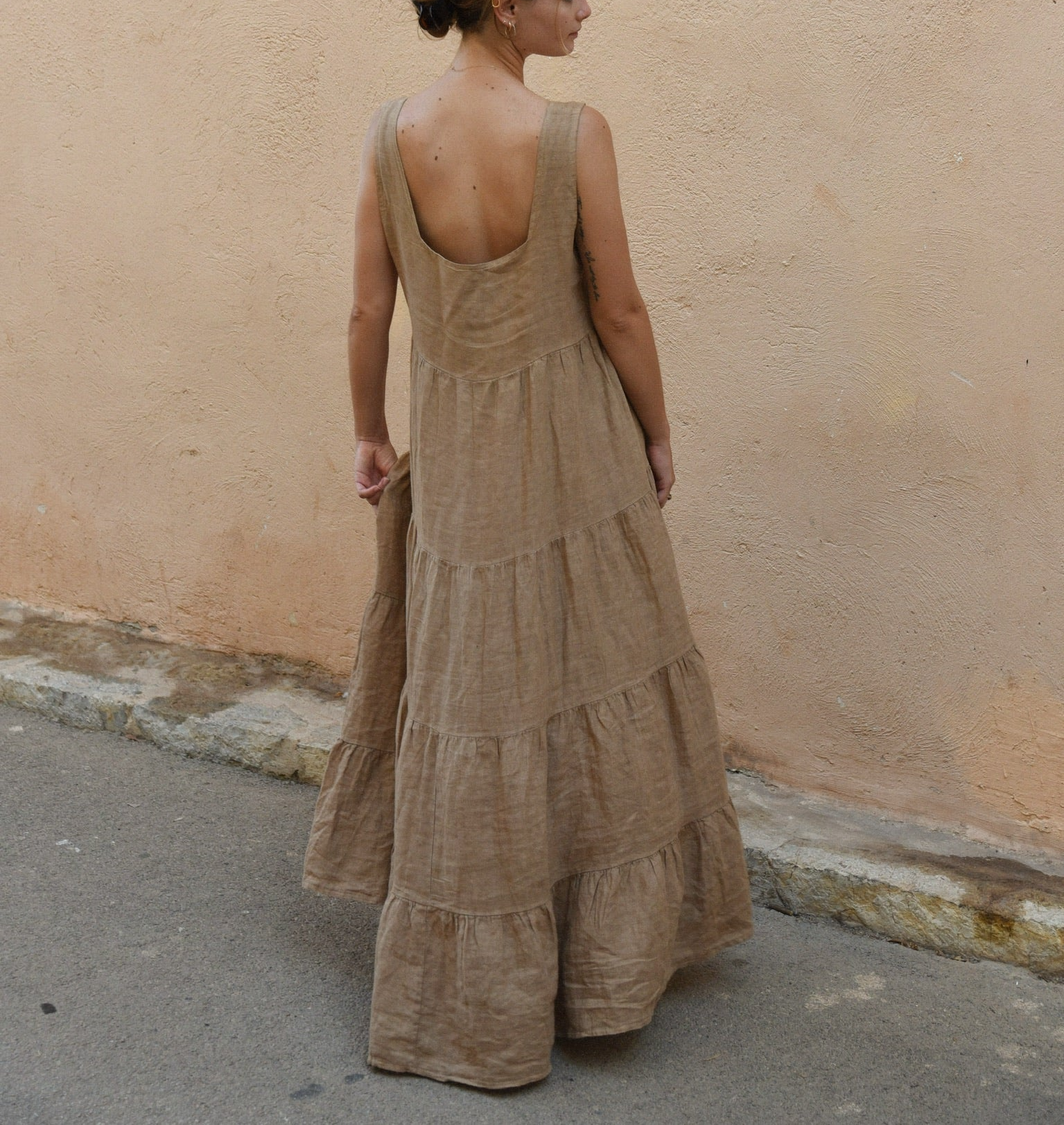 Linen Buttoned Wide Strap Solid Color Dress