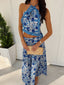 Blue Floral Print Halter Neck Maxi Skirt Set