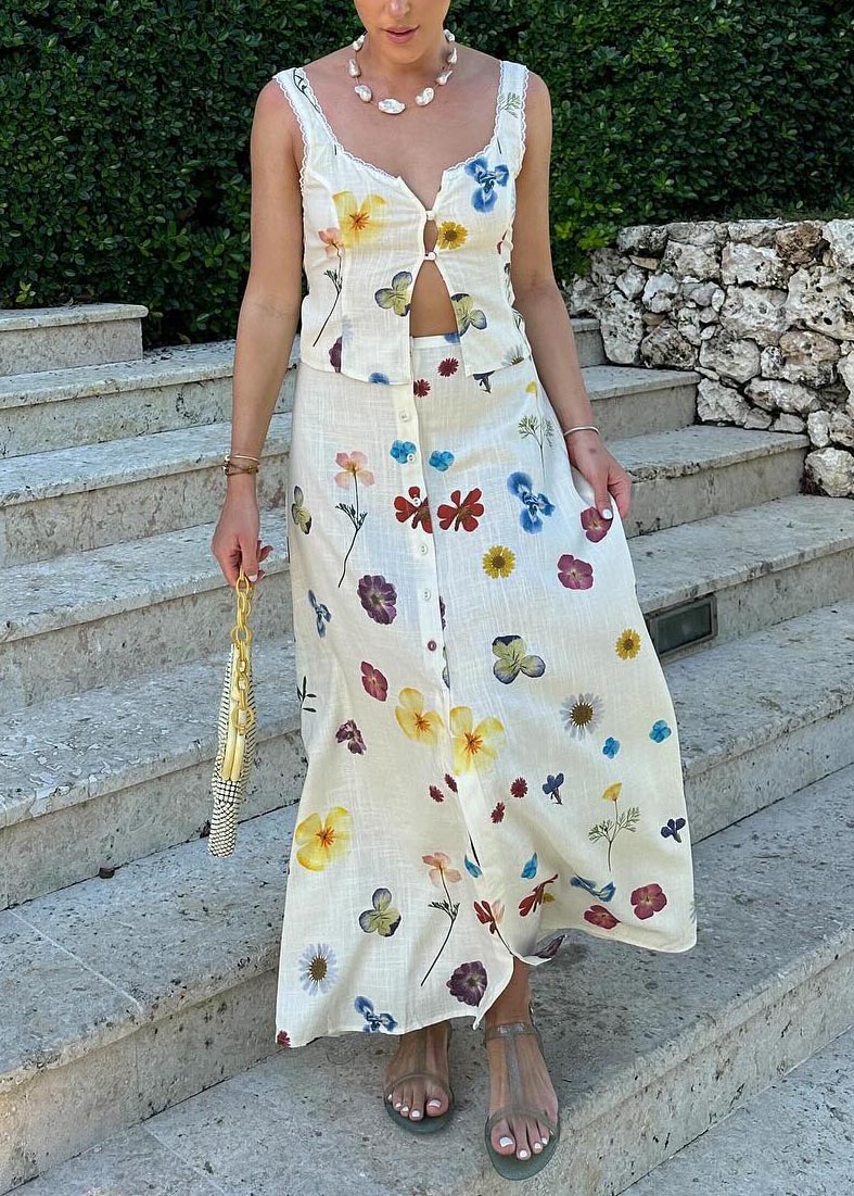 Floral Sleeveless Vest Fashion Straight Beach Maxi Dress Set