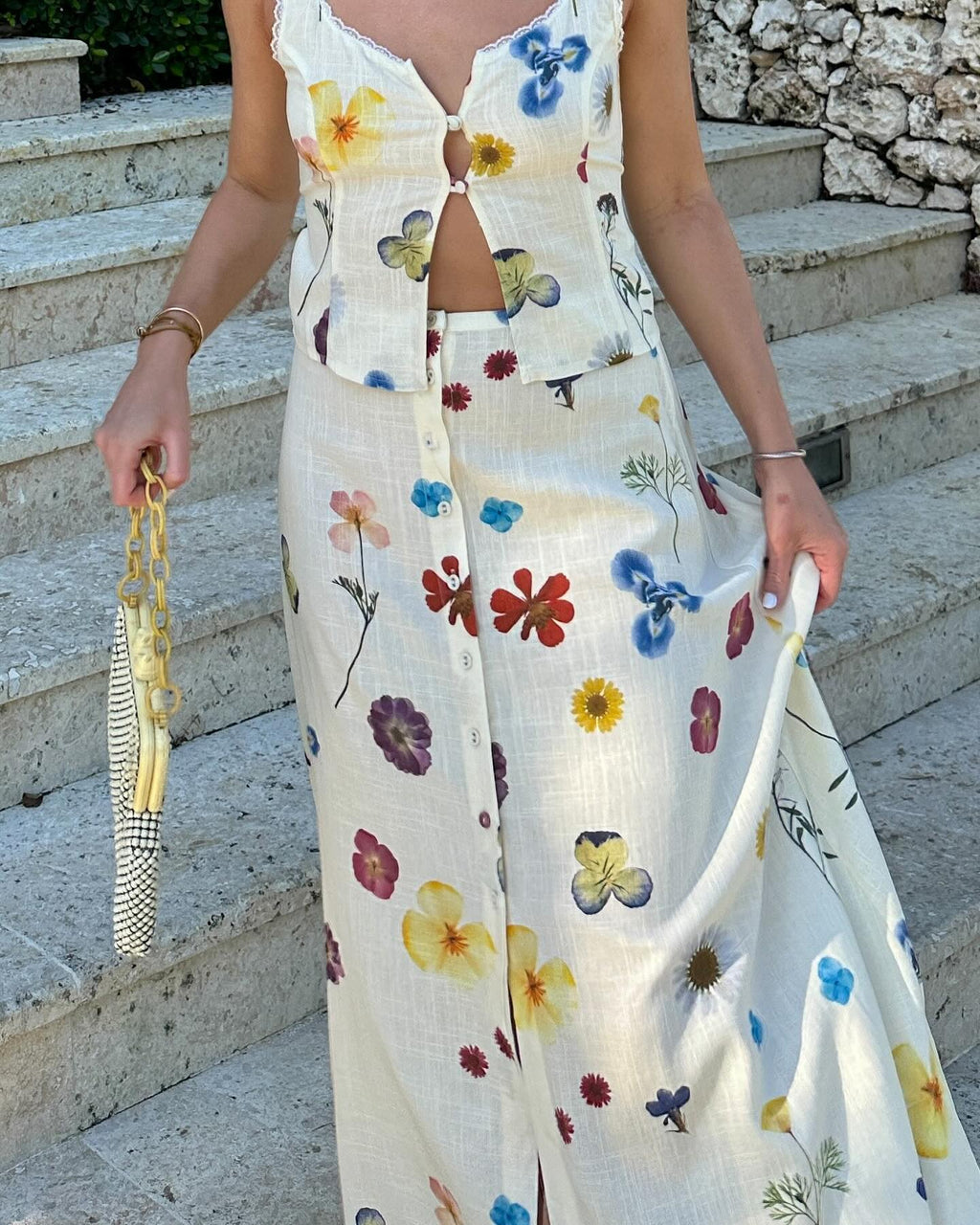 Floral Sleeveless Vest Fashion Straight Beach Maxi Dress Set